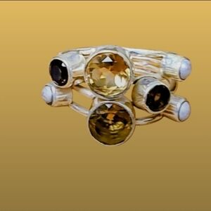 Fresh Sparkling 925 Silver SZ 6 Ring With 7 Gemstones In White, Golds And Browns